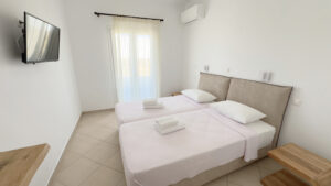 Double or Twin Room with two beds, wall-mounted TV and private bathroom area at Argo Rooms Antiparos.